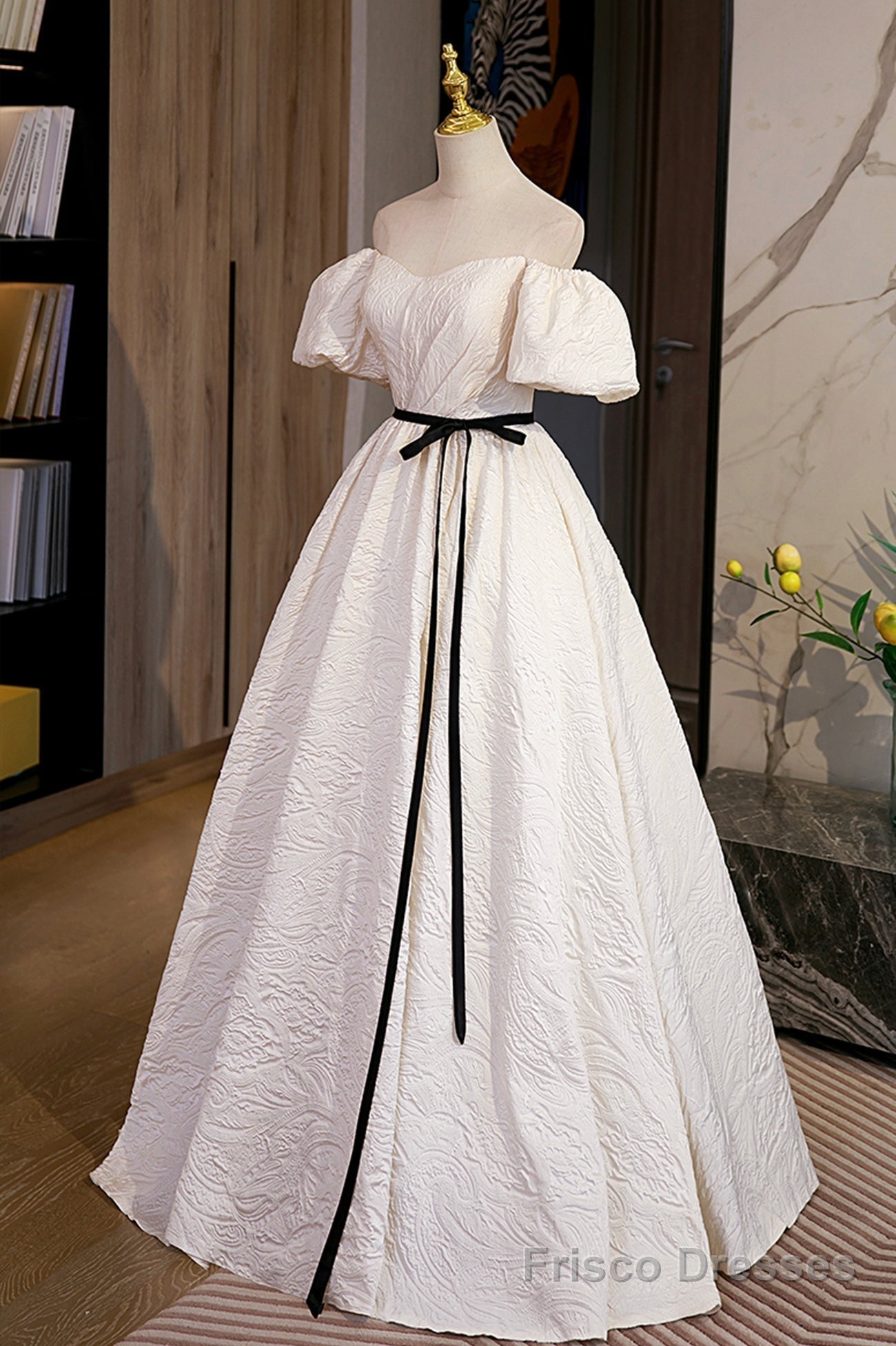 Simple A-Line Jacquard Fabric Long Prom Dress, Off the Shoulder Evening Dress Main image