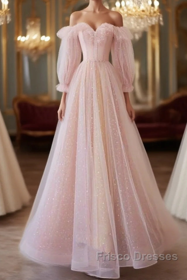 Simple A Line Long Sleeves Pink Tulle Long Formal Prom Dress Main image