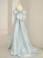 Simple A Line Off The Shoulder Blue Satin Long Formal Prom Dress