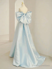Simple A Line Off The Shoulder Blue Satin Long Prom Dresses