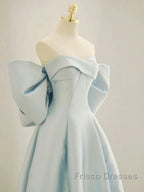 Simple A Line Off The Shoulder Blue Satin Long Formal Prom Dress