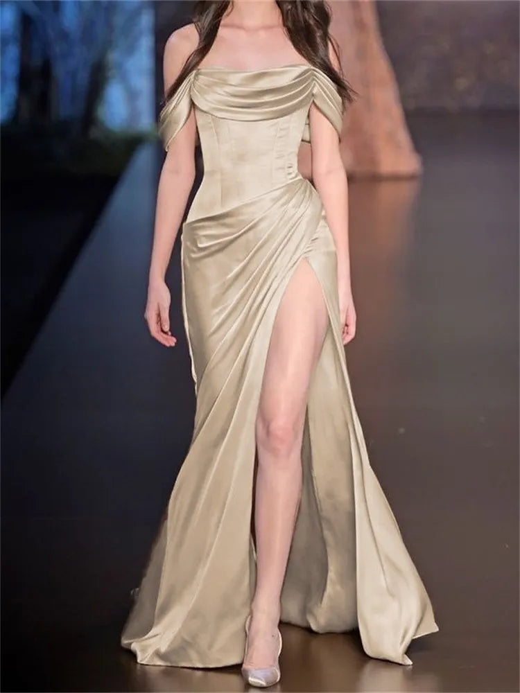 Simple A-Line Off The Shoulder Blue Satin Long Prom Dresses Formal Evening Dress Secondary image