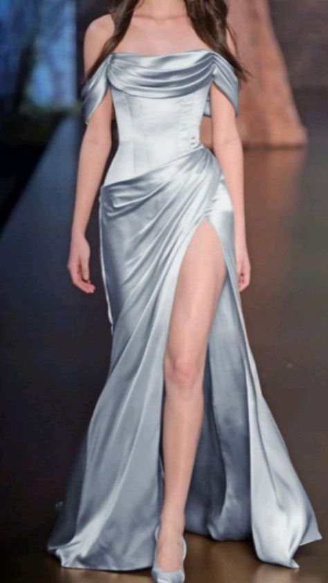Simple A-Line Off The Shoulder Blue Satin Long Prom Dresses Formal Evening Dress Main image