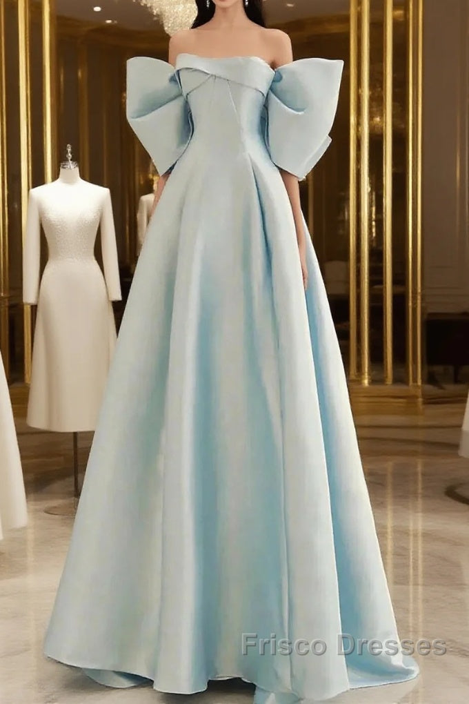 Simple A Line Off The Shoulder Blue Satin Long Formal Prom Dress Main image