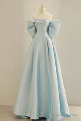 Simple A Line Off The Shoulder Blue Satin Long Prom Dresses