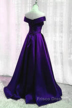 Simple A Line Off The Shoulder Purple Satin Long Formal Prom Dress