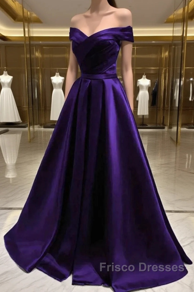 Simple A Line Off The Shoulder Purple Satin Long Formal Prom Dress