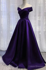 Simple A Line Off The Shoulder Purple Satin Long Prom Dresses
