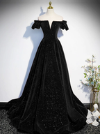 Simple A line Off the Shoulder Shiny Green Black Long Prom Dresses