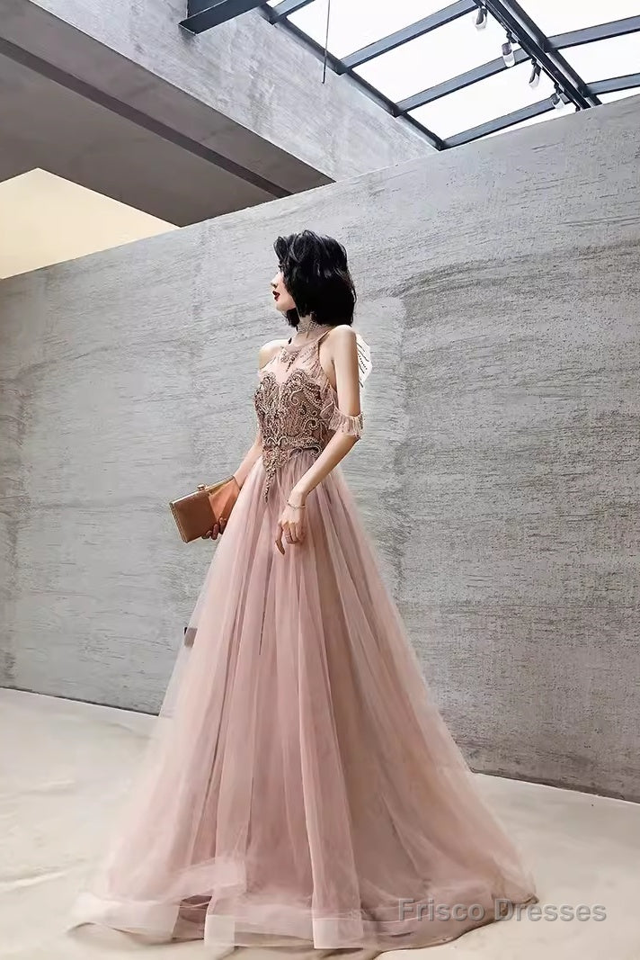 Simple A Line Pink Tulle Prom Dresses Evening Dress Secondary image
