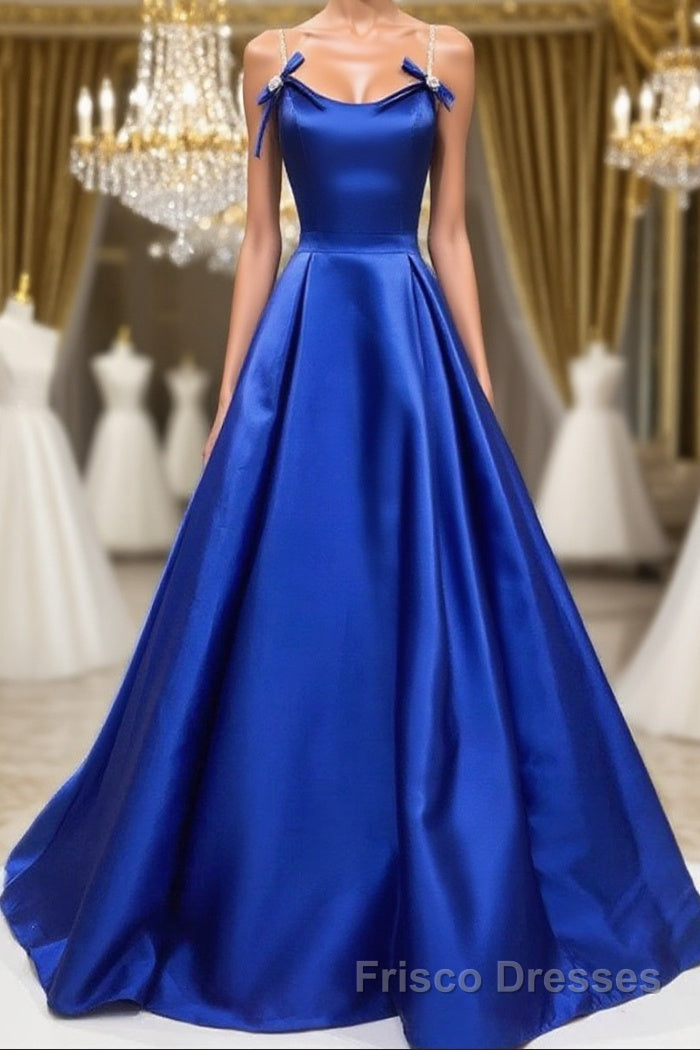 Simple A Line Royal Blue Satin Long Formal Prom Dresses, Royal Blue Formal Dresses, Cheap Royal Blue Evening Dresses Main image