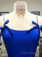 Simple A Line Royal Blue Satin Long Formal Prom Dresses, Royal Blue Formal Dresses, Cheap Royal Blue Evening Dresses