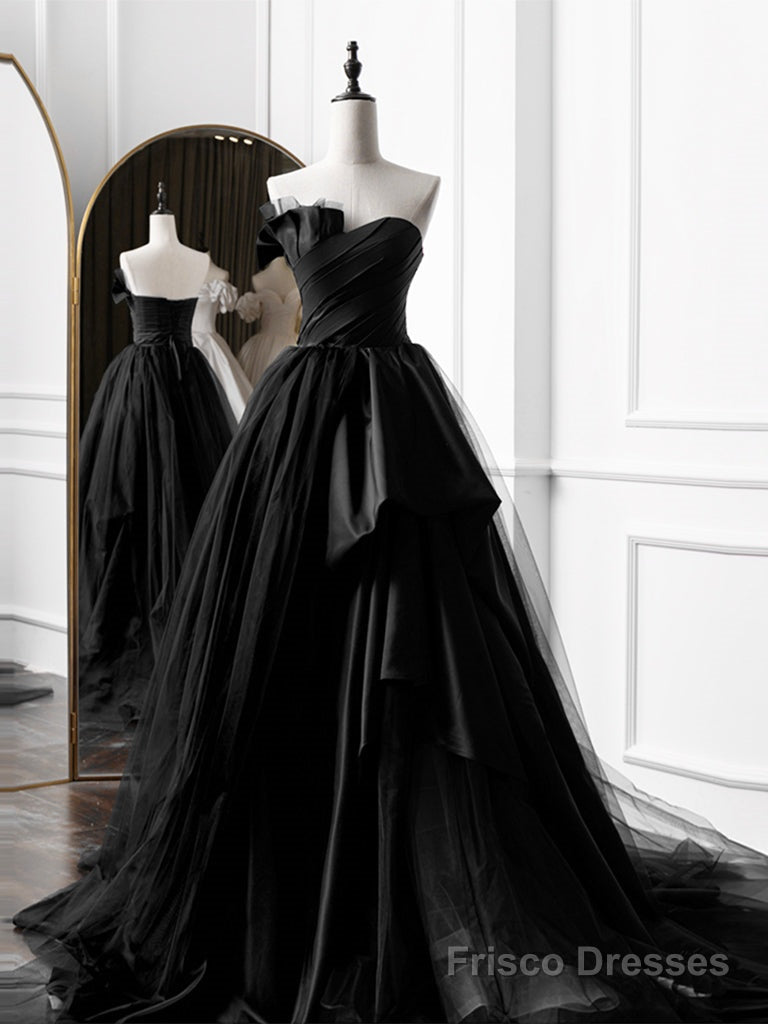 Simple A-Line Satin Black Long Prom Dress, Black Long Evening Dress Main image