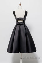 Simple A-Line Satin Black Short Formal Prom Dress, Black Homecoming Dress