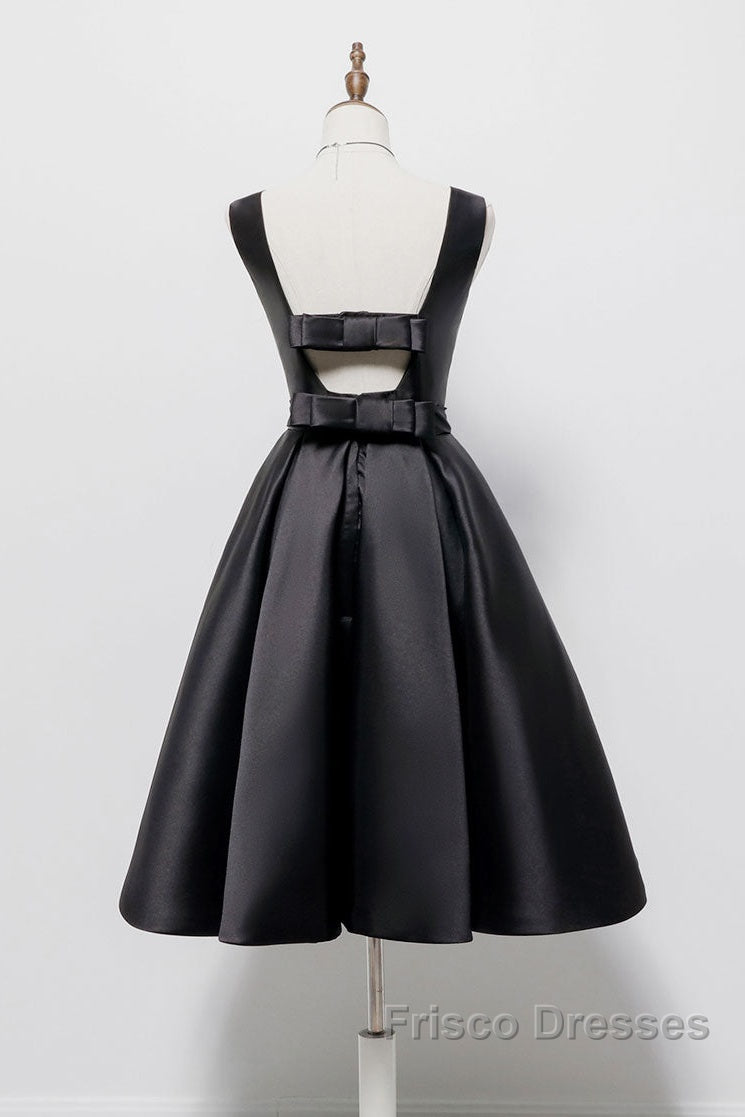 Simple A-Line Satin Black Short Formal Prom Dress, Black Homecoming Dress