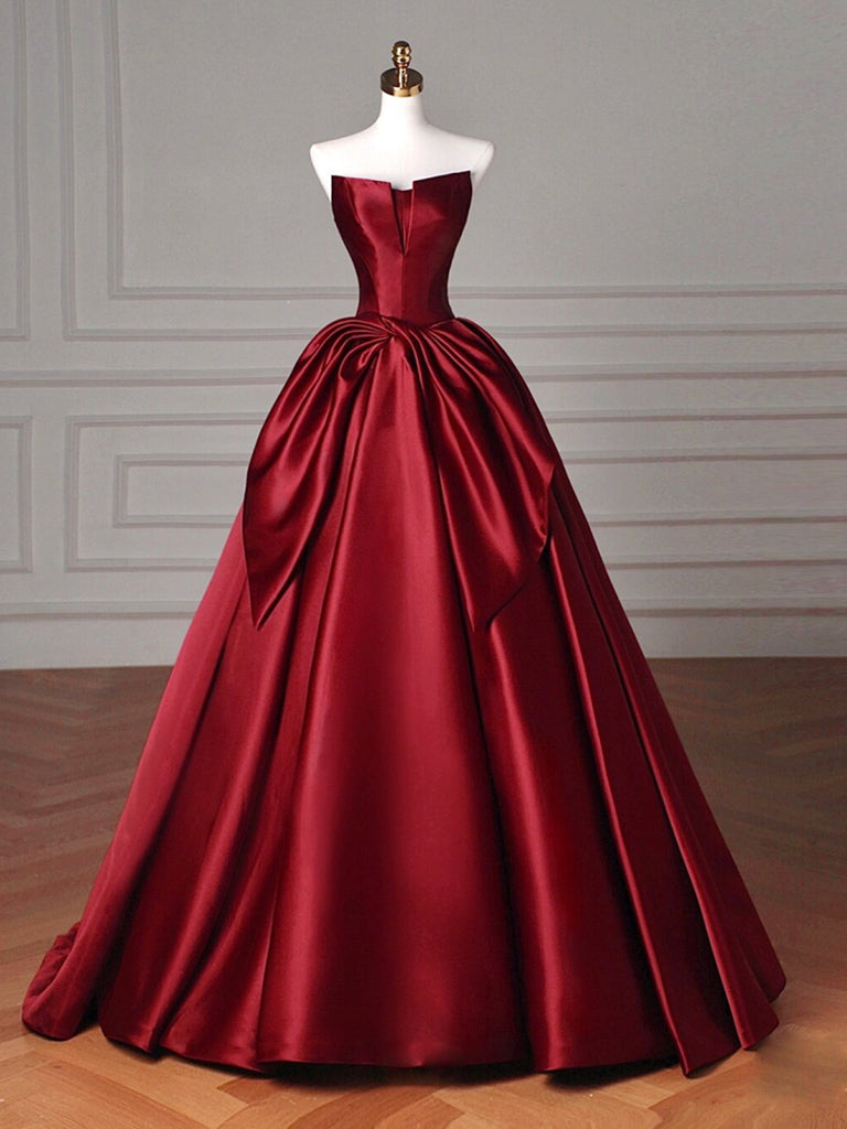 Simple A-Line Satin Burgundy Long Prom Dress, Burgundy Long Evening Dress Main image