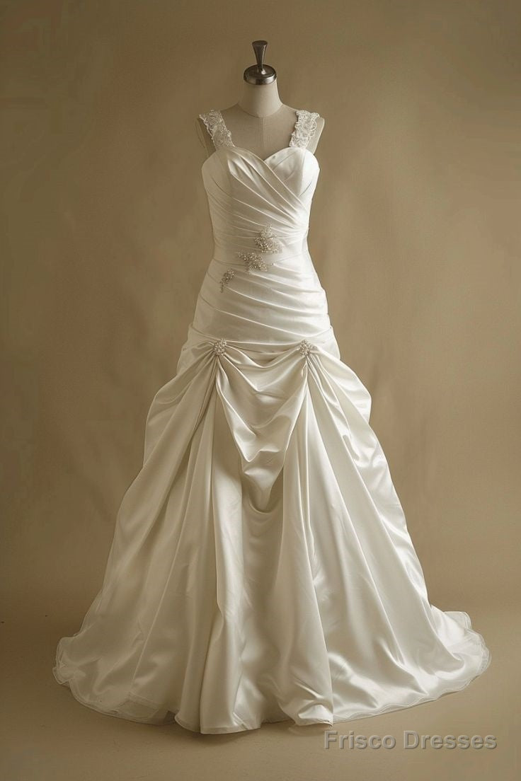 Simple A-Line Satin Lace Long Prom Dress Sweetheart Neck White Beaded Wedding Dress Secondary image