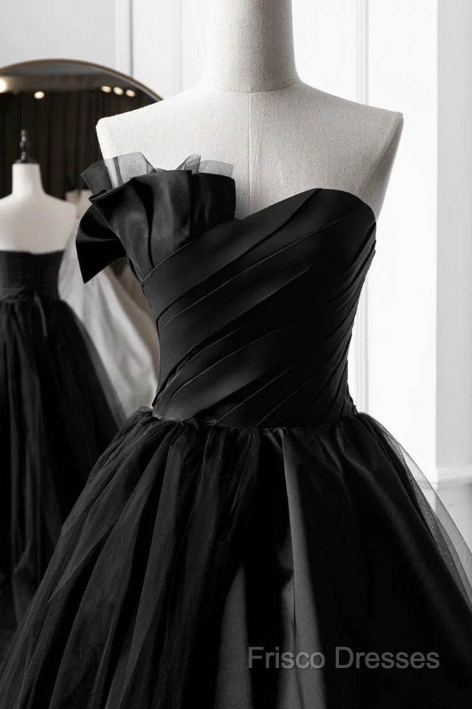 Simple A-Line Satin Strapless Black Long Formal Prom Dress