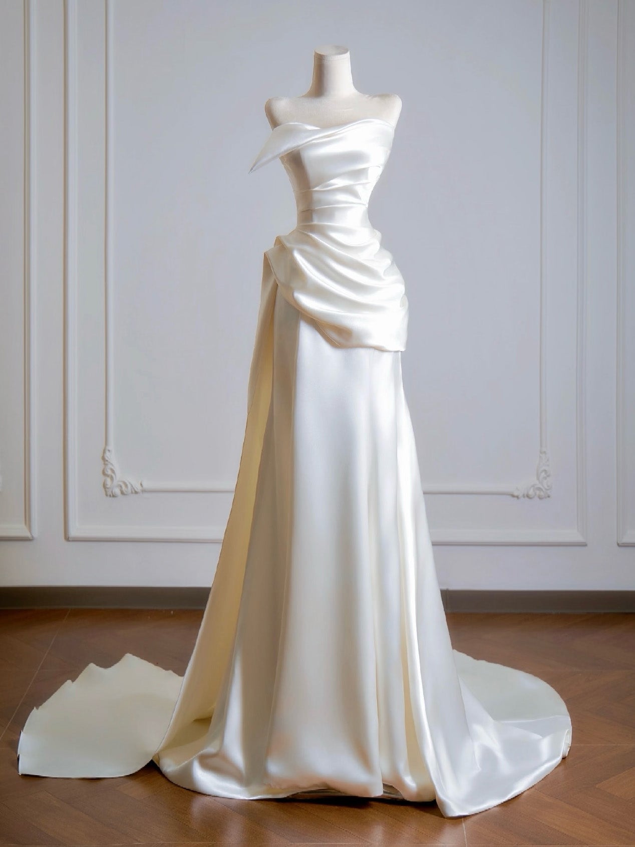 Simple A-Line Satin Sweep Train Light Champagne Prom Dress Main image