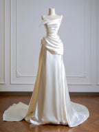 Simple A-Line Satin Sweep Train Light Champagne Prom Dress