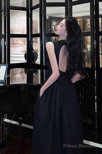 Simple A Line Scoop Neckline Black Backless Prom Dresses Birthday Outfits Evening Gown