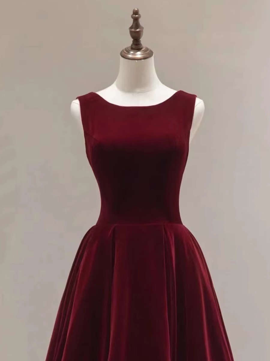 Simple A line Scoop Velvet Burgundy Velvet Long Prom Dresses
