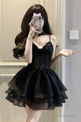 Simple A Line Spaghetti Straps Chiffon Black Holiday Dress Birthday Dresses Birthday Outfits