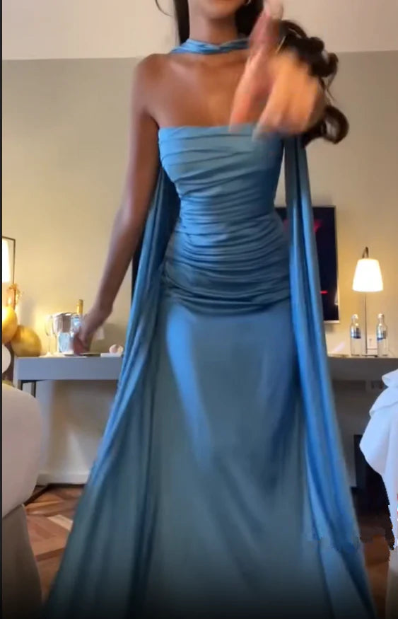 Simple A Line Spaghetti Straps Blue Satin Prom Dresses Birthday Outfits