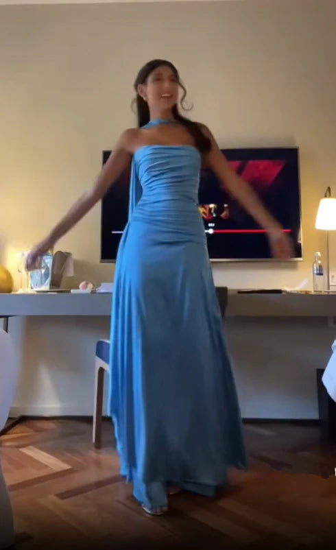 Simple A Line Spaghetti Straps Blue Satin Prom Dresses Birthday Outfits