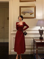 Simple A Line Square Neckline Long Sleeves Red Prom Dresses Birthday Dress