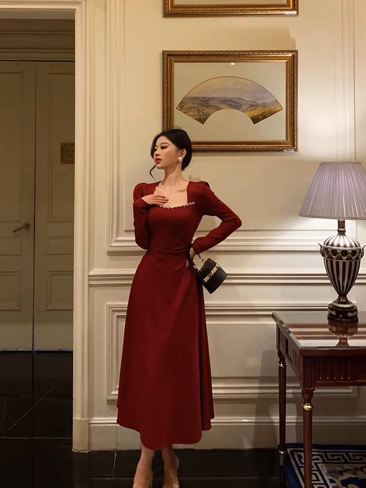 Simple A Line Square Neckline Long Sleeves Red Prom Dresses Birthday Dress