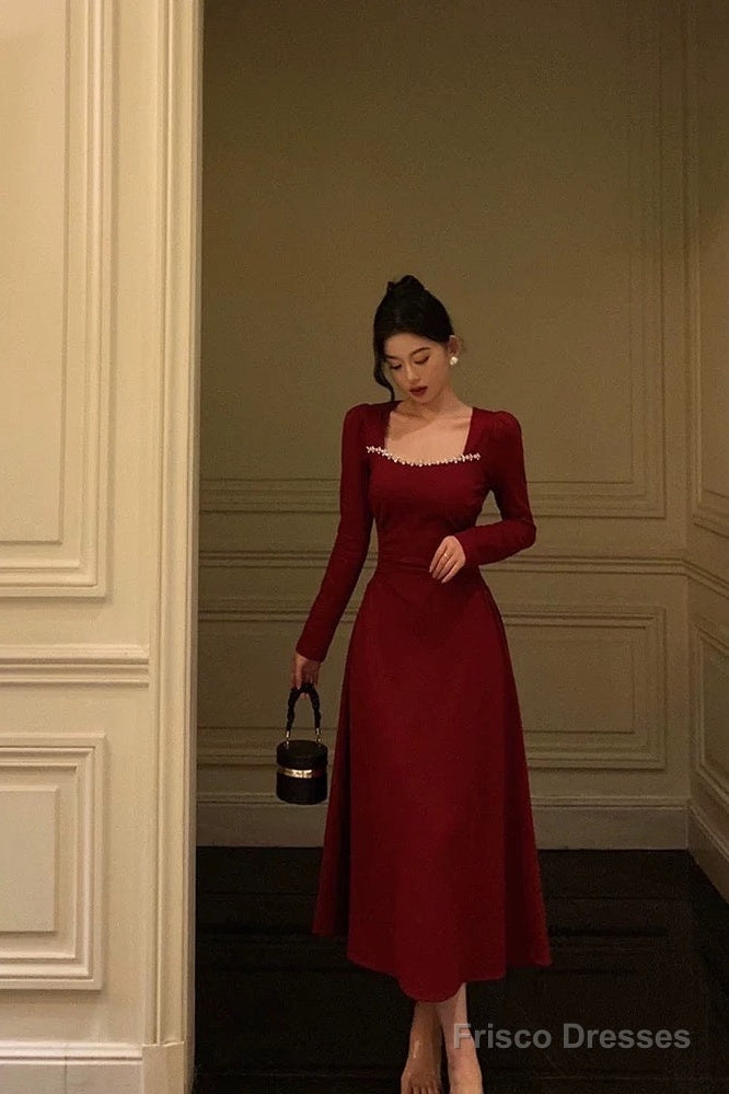 Simple A Line Square Neckline Long Sleeves Red Prom Dresses Birthday Dress