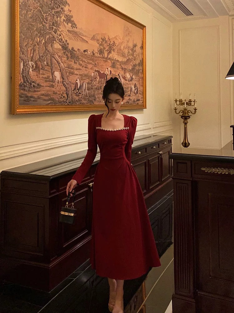 Simple A Line Square Neckline Long Sleeves Red Prom Dresses Birthday Dress Main image
