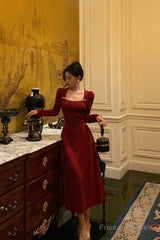 Simple A Line Square Neckline Long Sleeves Red Prom Dresses Birthday Dress
