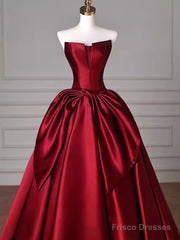 Simple A Line Strapless Burgundy Floor Length Prom Dress