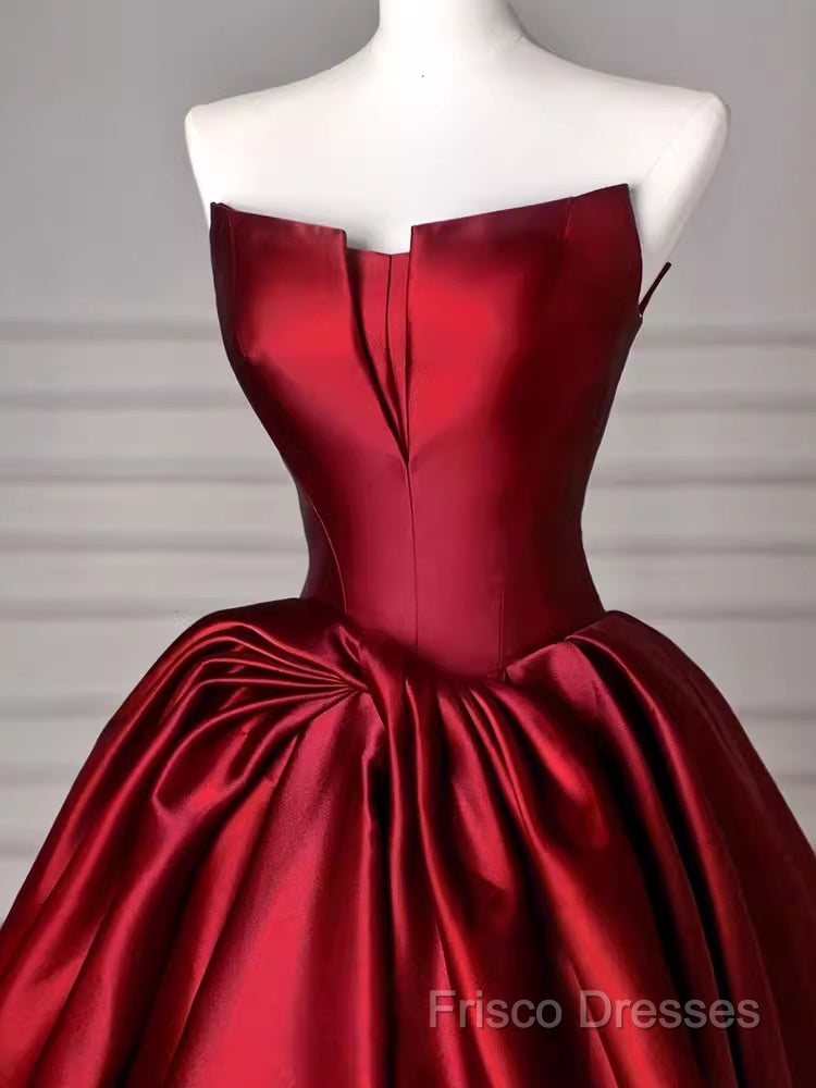 Simple A Line Strapless Burgundy Floor Length Formal Prom Dress