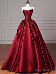Simple A Line Strapless Burgundy Floor Length Prom Dress