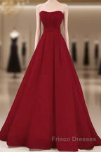 Simple A Line Strapless Long Red Formal Prom Dress Evening Dress
