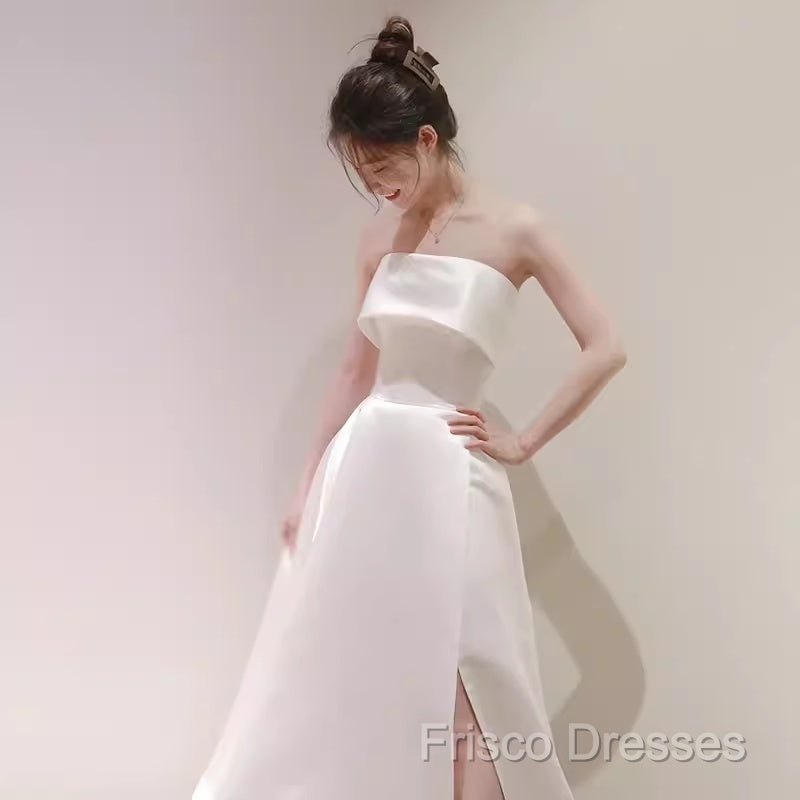 Simple A Line Strapless Satin Ivory Wedding Dress
