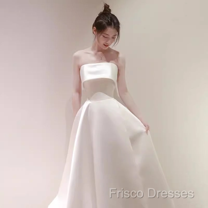 Simple A Line Strapless Satin Ivory Wedding Dress