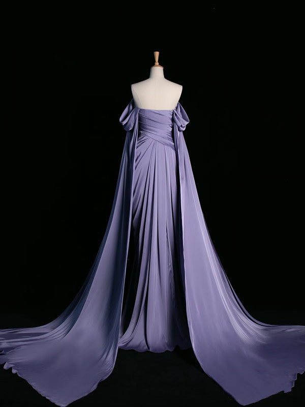 Simple A Line Strapless Sleeveless Satin Lilac Prom Dresses Long Prom Dress