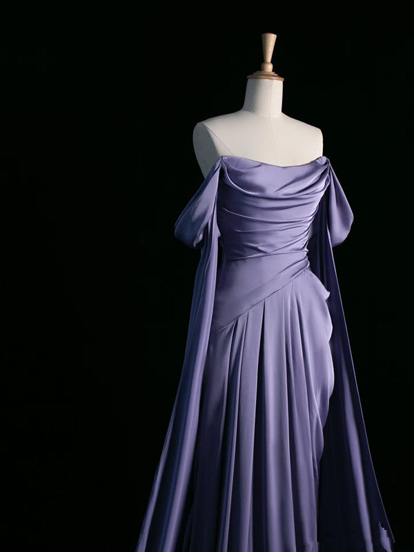 Simple A Line Strapless Sleeveless Satin Lilac Prom Dresses Long Prom Dress