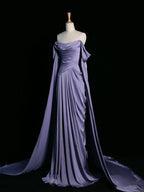 Simple A Line Strapless Sleeveless Satin Lilac Prom Dresses Long Prom Dress