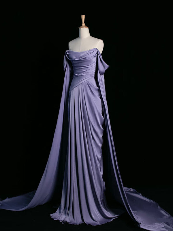 Simple A Line Strapless Sleeveless Satin Lilac Prom Dresses Long Prom Dress