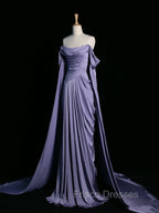 Simple A Line Strapless Sleeveless Satin Lilac Formal Prom Dress Long Formal Prom Dress