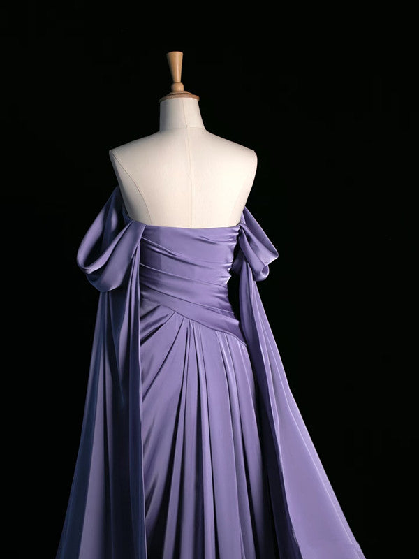 Simple A Line Strapless Sleeveless Satin Lilac Prom Dresses Long Prom Dress
