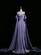 Simple A Line Strapless Sleeveless Satin Lilac Formal Prom Dress Long Formal Prom Dress