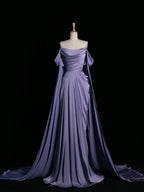 Simple A Line Strapless Sleeveless Satin Lilac Prom Dresses Long Prom Dress
