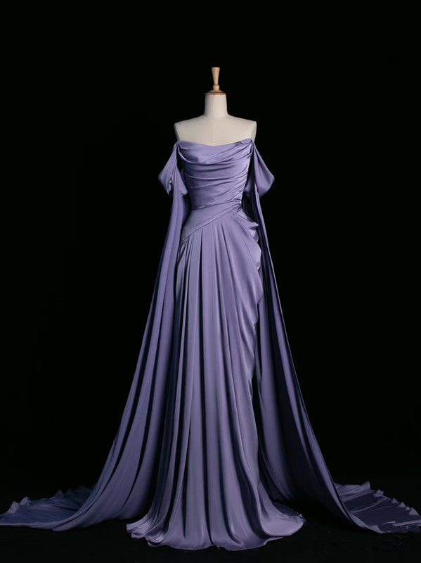 Simple A Line Strapless Sleeveless Satin Lilac Prom Dresses Long Prom Dress