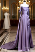 Simple A Line Strapless Sleeveless Satin Lilac Formal Prom Dress Long Formal Prom Dress